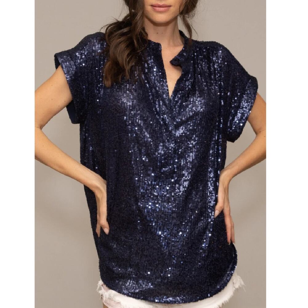 Muche Et Muchette Viky Sequin Top Navy Blue Short Sleeve Tunic Blouse One Size